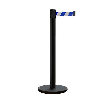 MONTOUR LINE Retractable Belt Rolling Stanchion, 2.5ft Black Post  9ft. Blu/Wh Belt ME630-BK-BWD-90